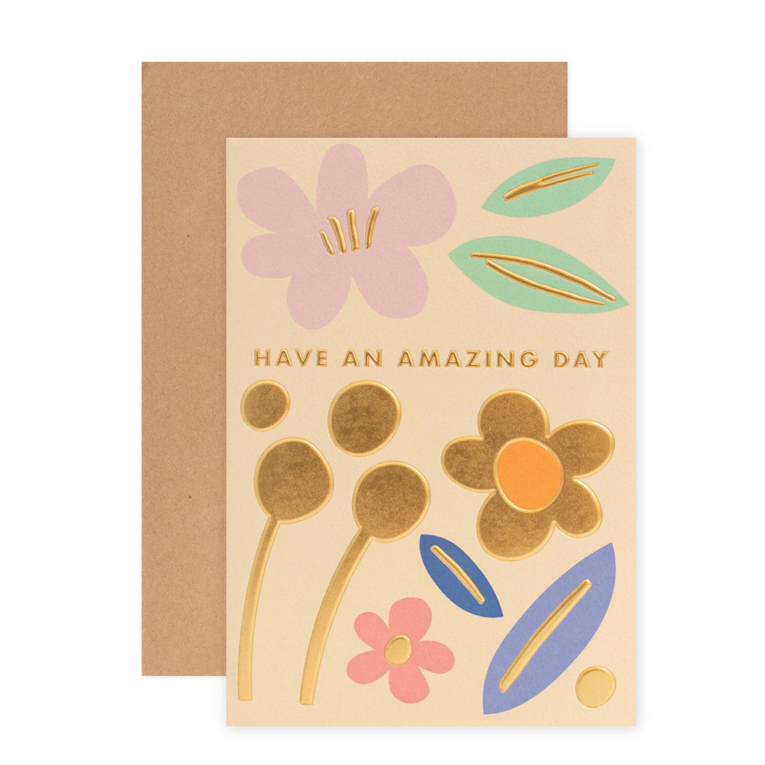 Halcyon by Hallmark All Occasion Card – Modern Flowers with playful floral designs and gold accents, paired with a natural kraft envelope.
