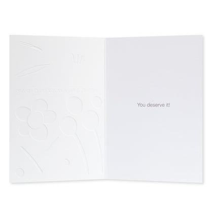Halcyon by Hallmark All Occasion Card – Modern Flowers with embossed floral detail inside, featuring the message 'You deserve it!'.