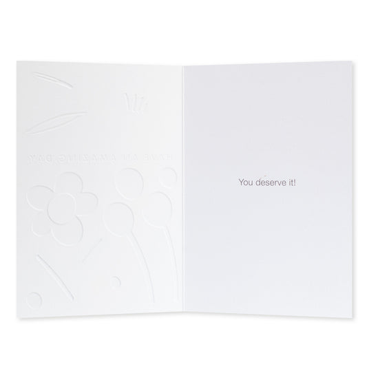 Halcyon by Hallmark All Occasion Card – Modern Flowers with embossed floral detail inside, featuring the message 'You deserve it!'.