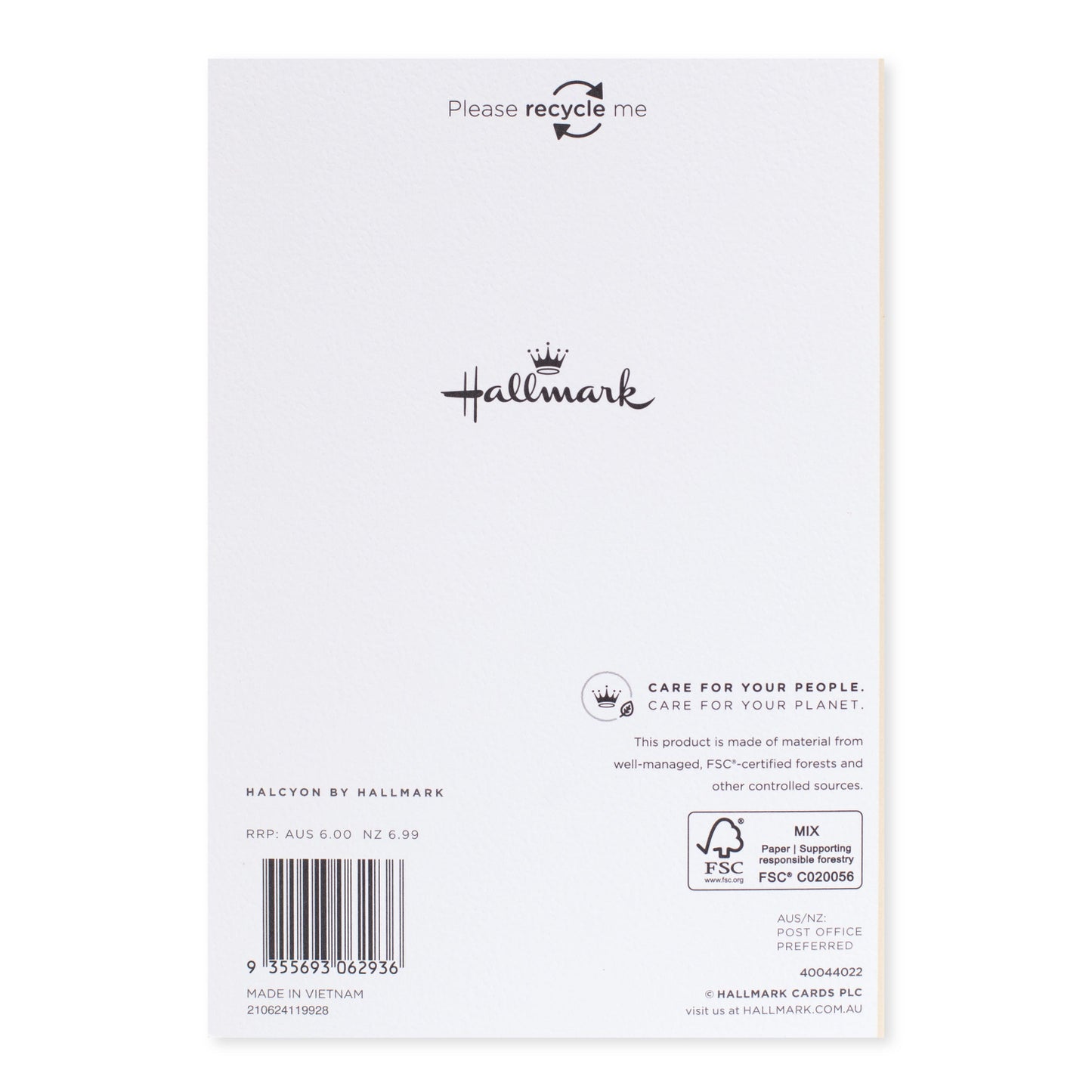 Halcyon by Hallmark All Occasion Card – Modern Flowers, back view showing branding and recycling information on textured stock.