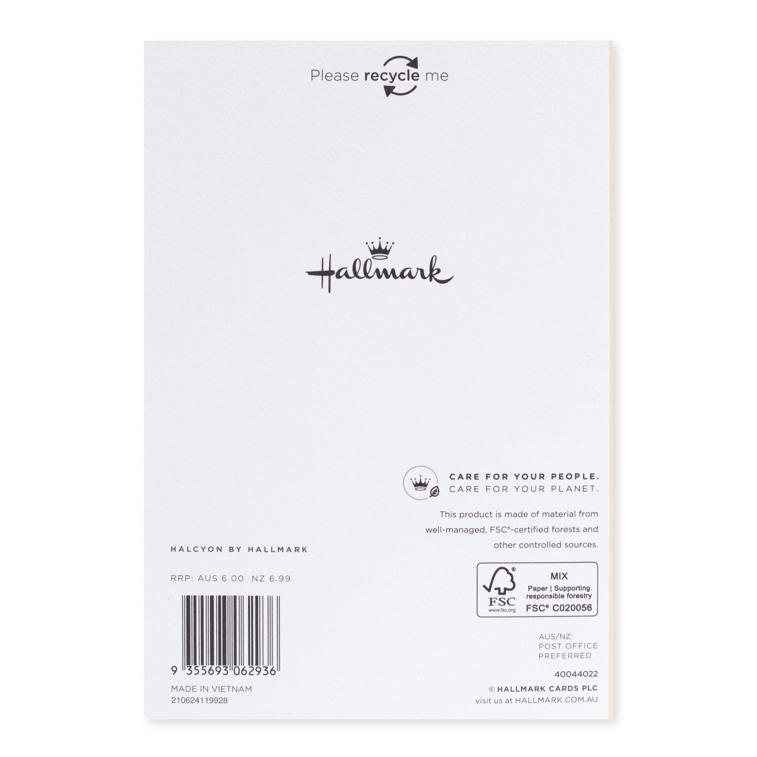 Halcyon by Hallmark All Occasion Card – Modern Flowers, back view showing branding and recycling information on textured stock.