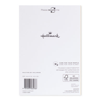 Halcyon by Hallmark All Occasion Card – Modern Flowers, back view showing branding and recycling information on textured stock.