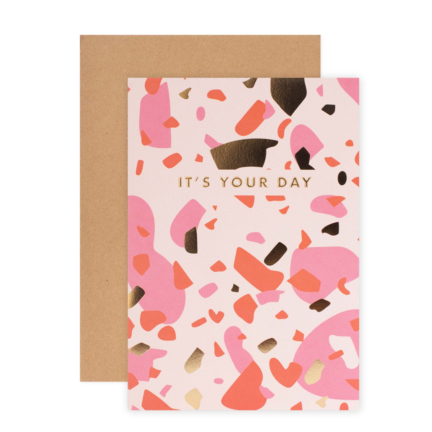 Halcyon by Hallmark All Occasion Card – It's Your Day with colourful abstract design and gold text, paired with a kraft envelope.