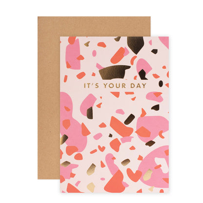 Halcyon by Hallmark All Occasion Card – It's Your Day with colourful abstract design and gold text, paired with a kraft envelope.