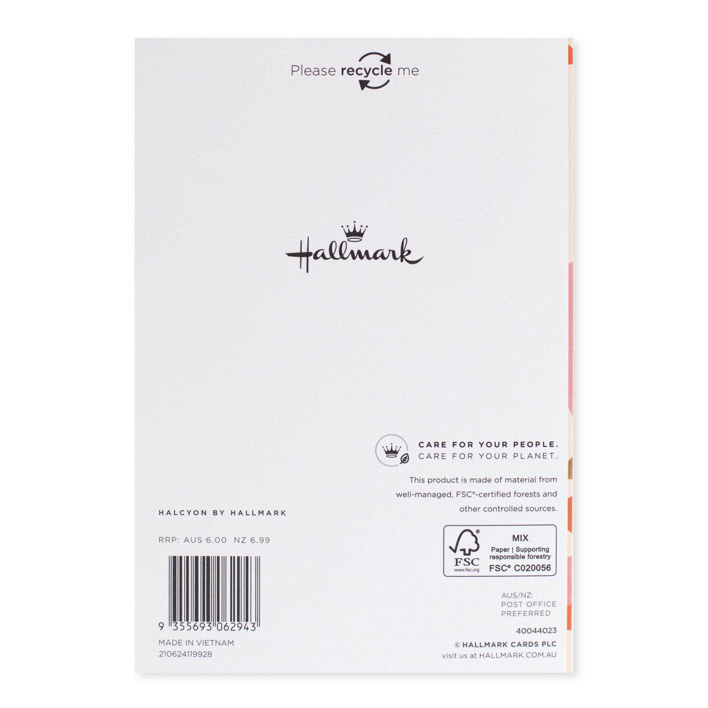 Halcyon by Hallmark All Occasion Card – It's Your Day back view featuring logo, recycling message and product details on textured stock.