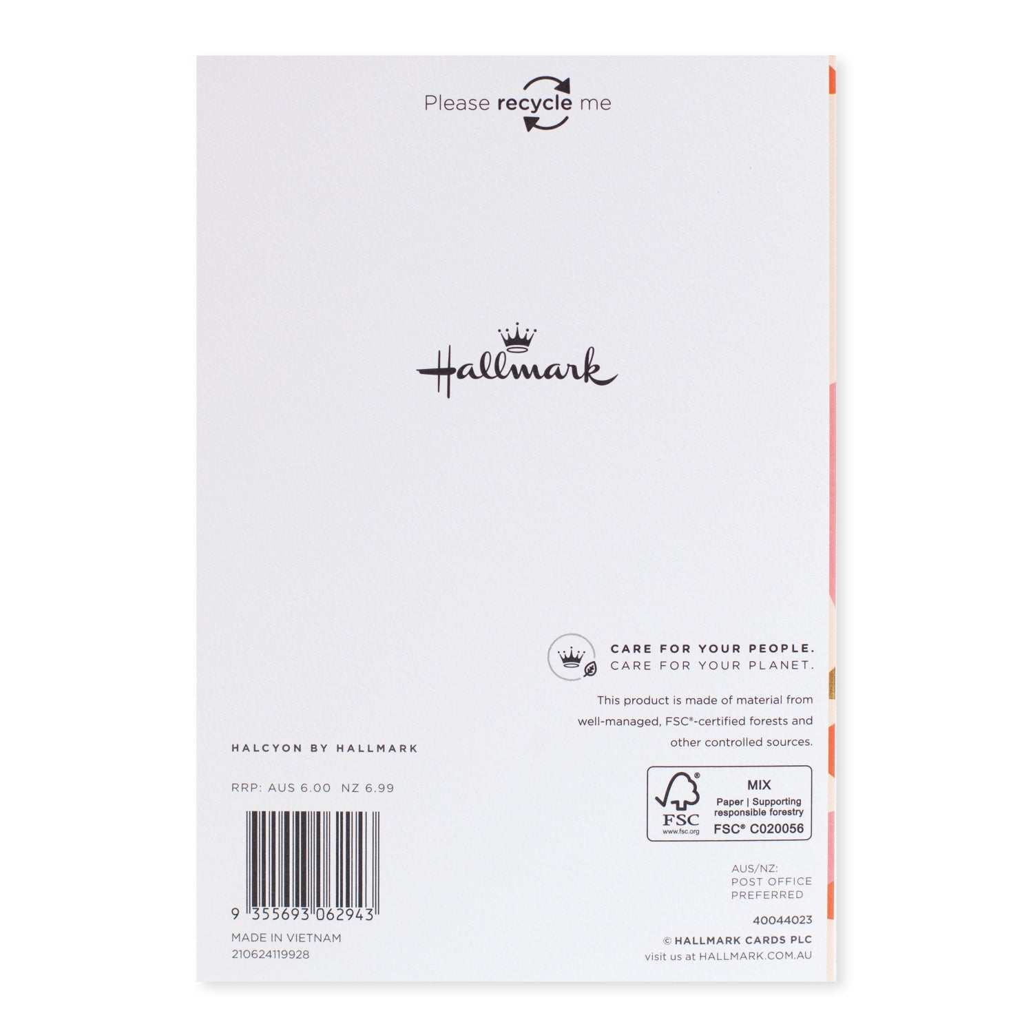 Halcyon by Hallmark All Occasion Card – It's Your Day back view featuring logo, recycling message and product details on textured stock.