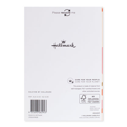 Halcyon by Hallmark All Occasion Card – It's Your Day back view featuring logo, recycling message and product details on textured stock.