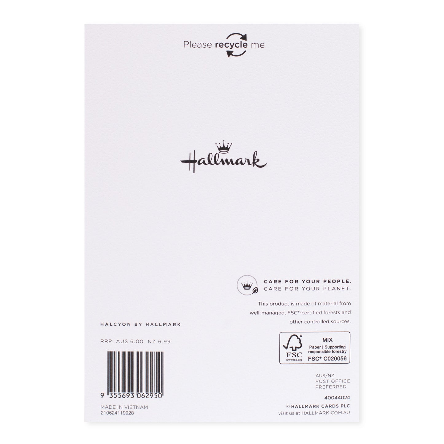 Halcyon by Hallmark All Occasion Card – Vase of Flowers, back view, featuring recycling info and logo on textured stock.