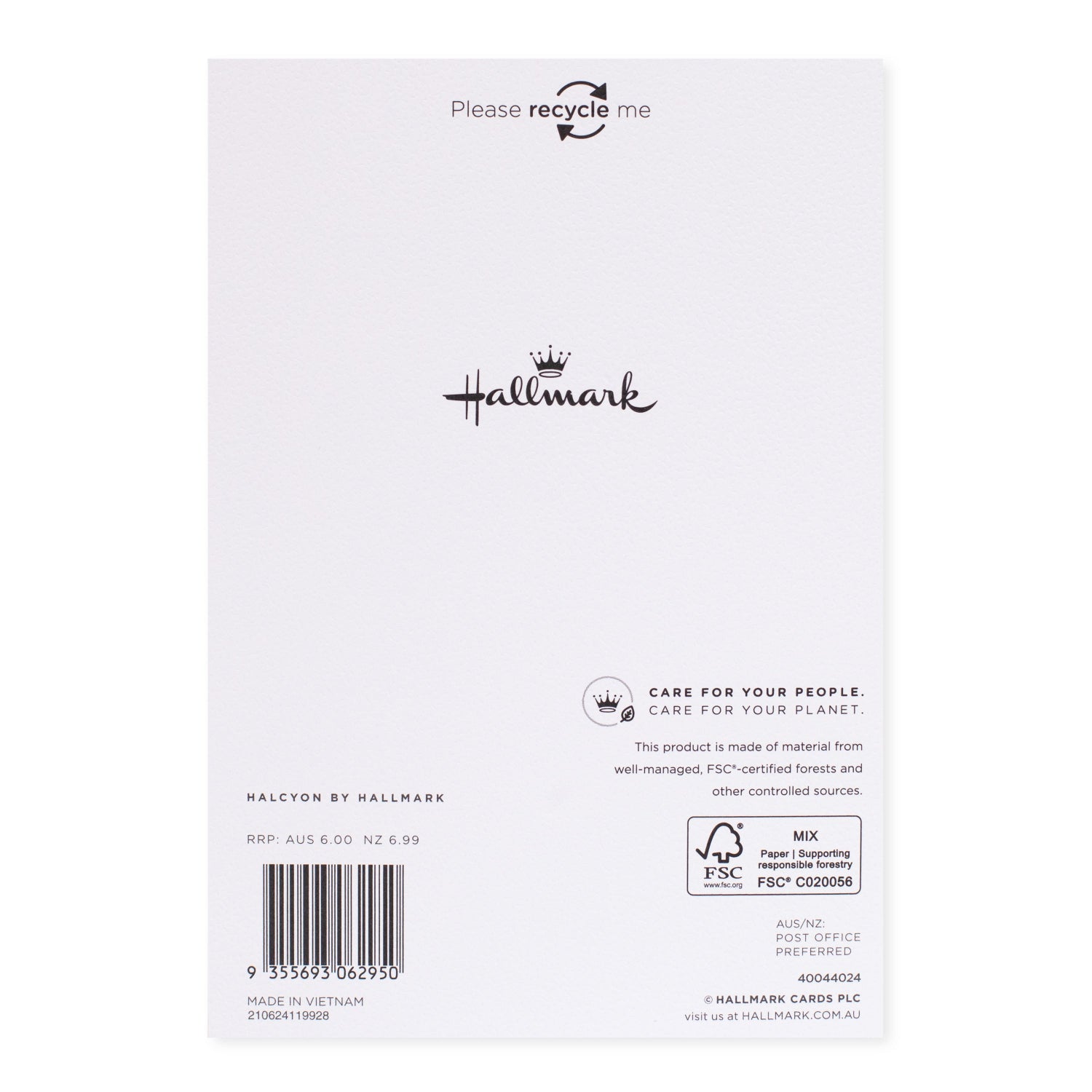 Halcyon by Hallmark All Occasion Card – Vase of Flowers, back view, featuring recycling info and logo on textured stock.