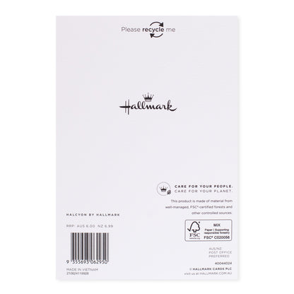 Halcyon by Hallmark All Occasion Card – Vase of Flowers, back view, featuring recycling info and logo on textured stock.