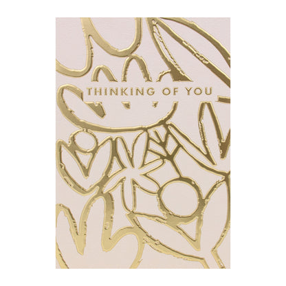 Halcyon by Hallmark Thinking of You Card – Gold Foil with textured floral design and embossed lettering, close up view.