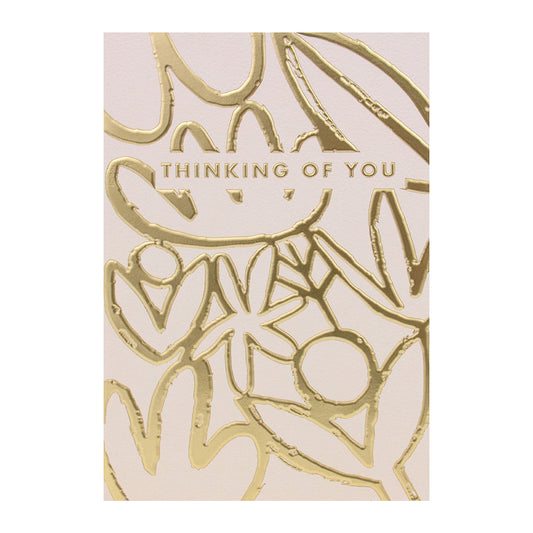 Halcyon by Hallmark Thinking of You Card – Gold Foil with textured floral design and embossed lettering, close up view.