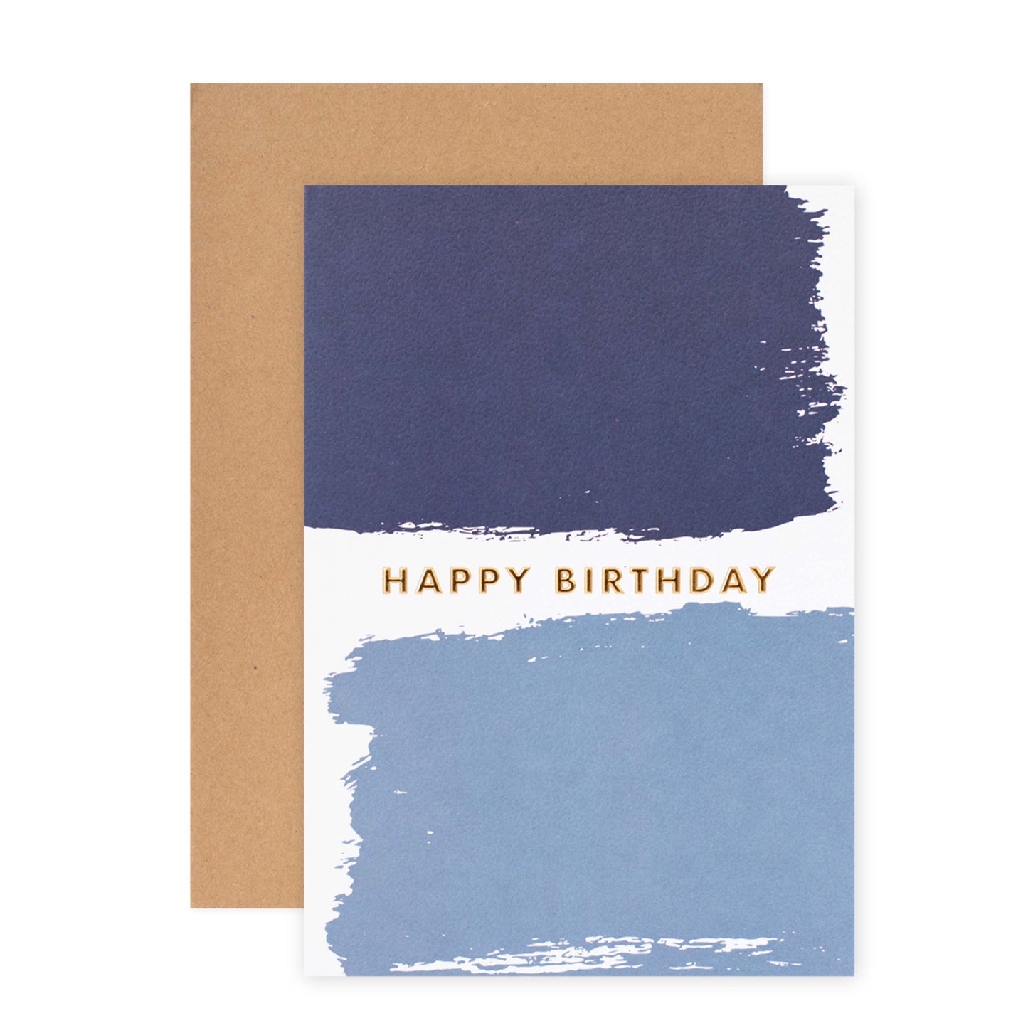 Halcyon by Hallmark Birthday Card – Blue Brushstrokes with two brushstrokes and gold text on textured stock, flat lay with kraft envelope.