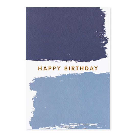 Halcyon by Hallmark Birthday Card – Blue Brushstrokes featuring navy and light blue brushstrokes with gold 'HAPPY BIRTHDAY' text.