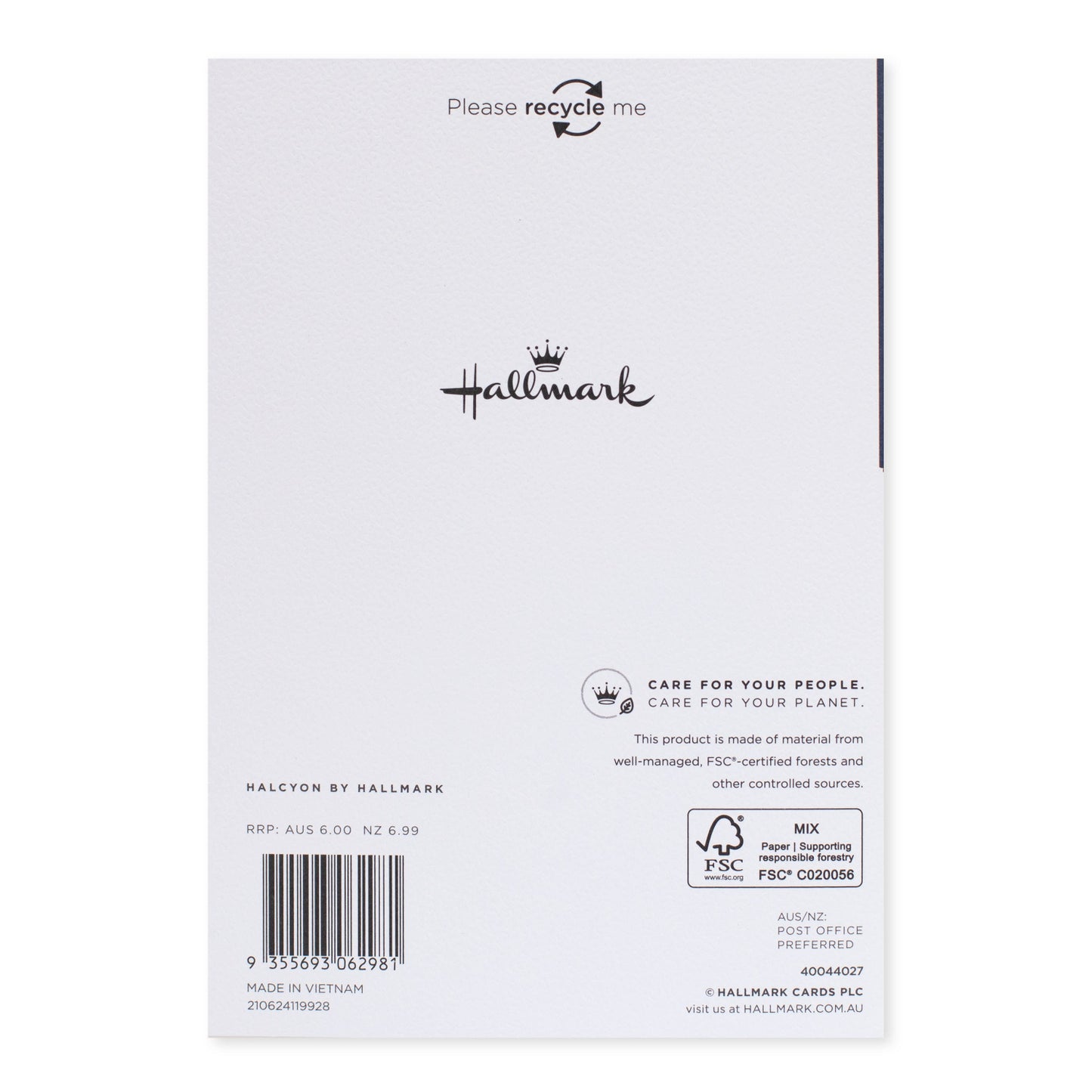 Halcyon by Hallmark birthday card – blue brushstrokes back view showing care instructions and recycling note on textured white stock.