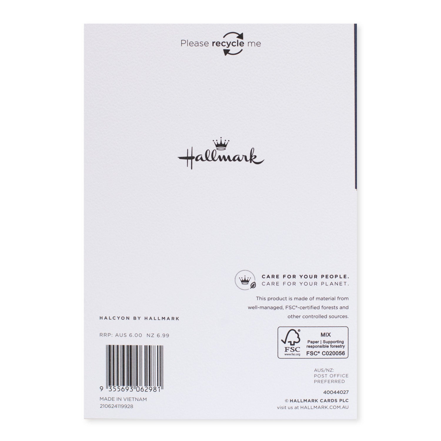 Halcyon by Hallmark birthday card – blue brushstrokes back view showing care instructions and recycling note on textured white stock.