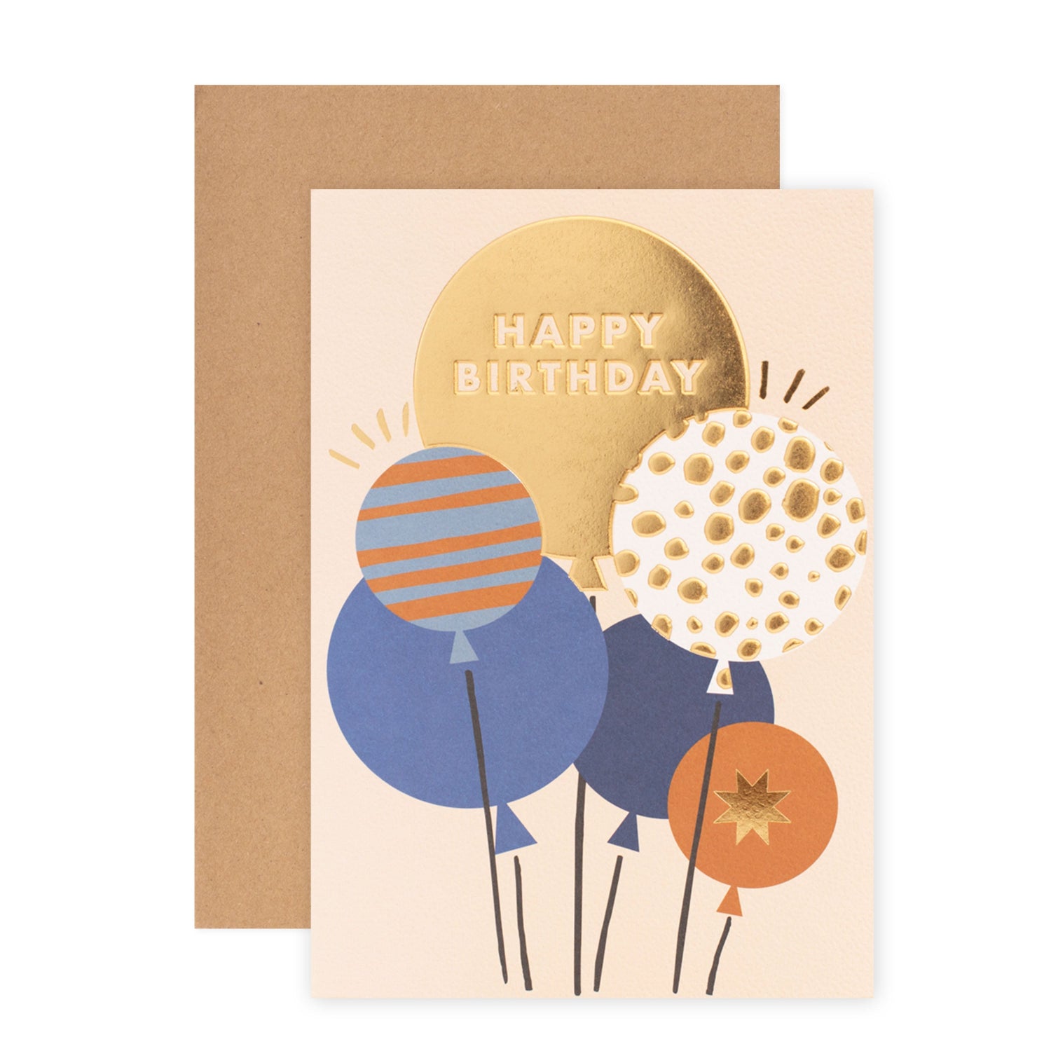 Halcyon by Hallmark birthday card – balloons featuring vibrant designs and a kraft envelope, showcasing a 'Happy Birthday' message.