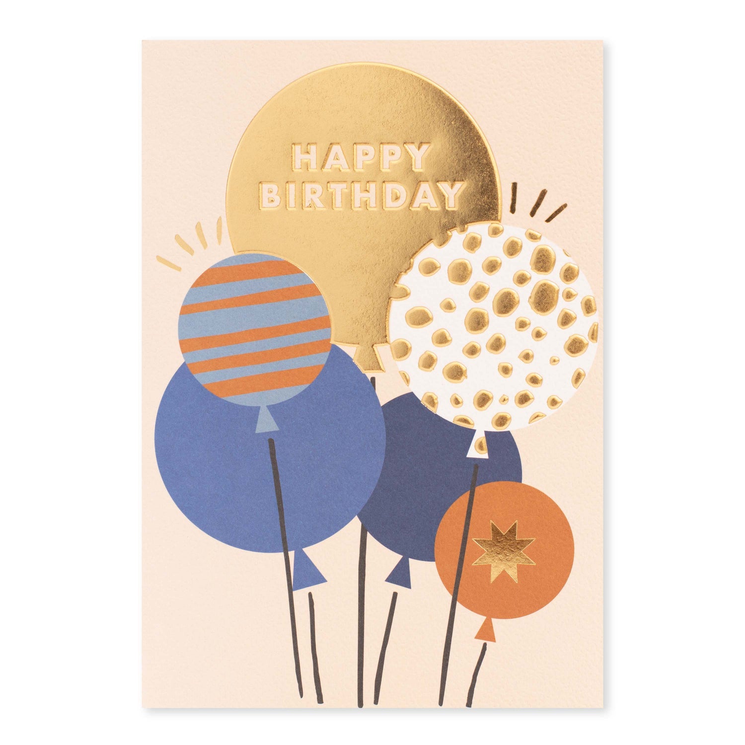 Halcyon by Hallmark Birthday Card – Balloons with colourful patterned balloons and gold foil 'HAPPY BIRTHDAY' text, flat lay view.
