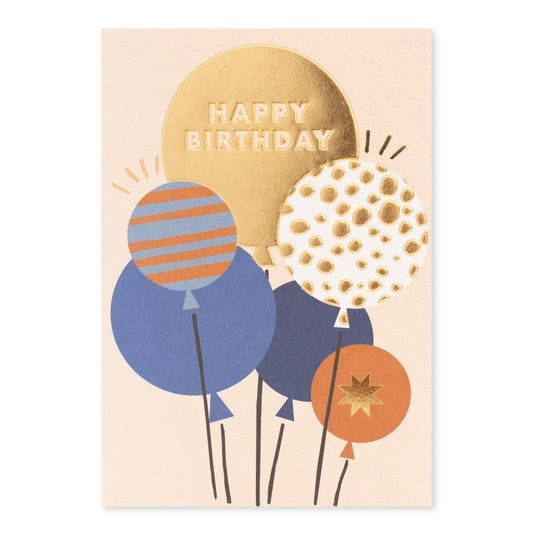 Halcyon by Hallmark Birthday Card – Balloons with colourful patterned balloons and gold foil 'HAPPY BIRTHDAY' text, flat lay view.