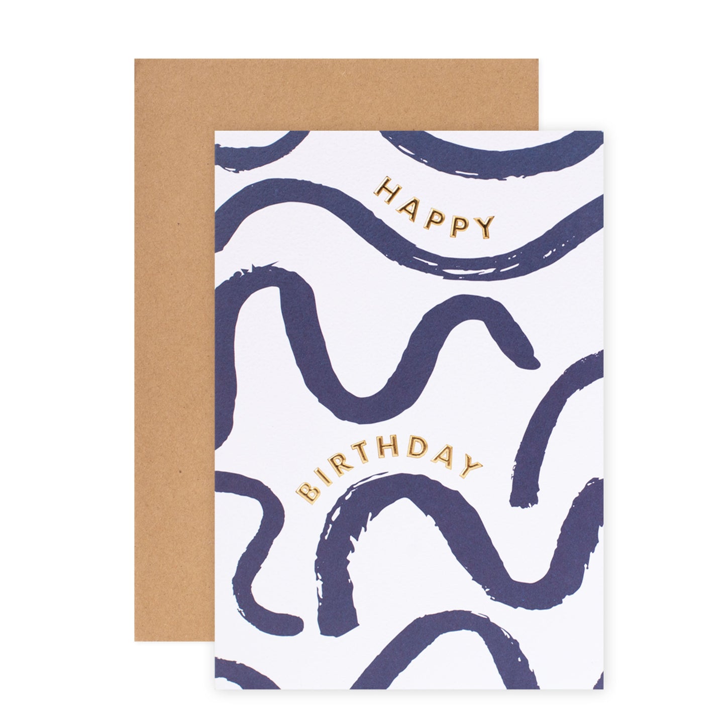 Halcyon by Hallmark Birthday Card – Navy Squiggles, premium textured card with gold lettering and wavy blue patterns, flat lay with kraft envelope.