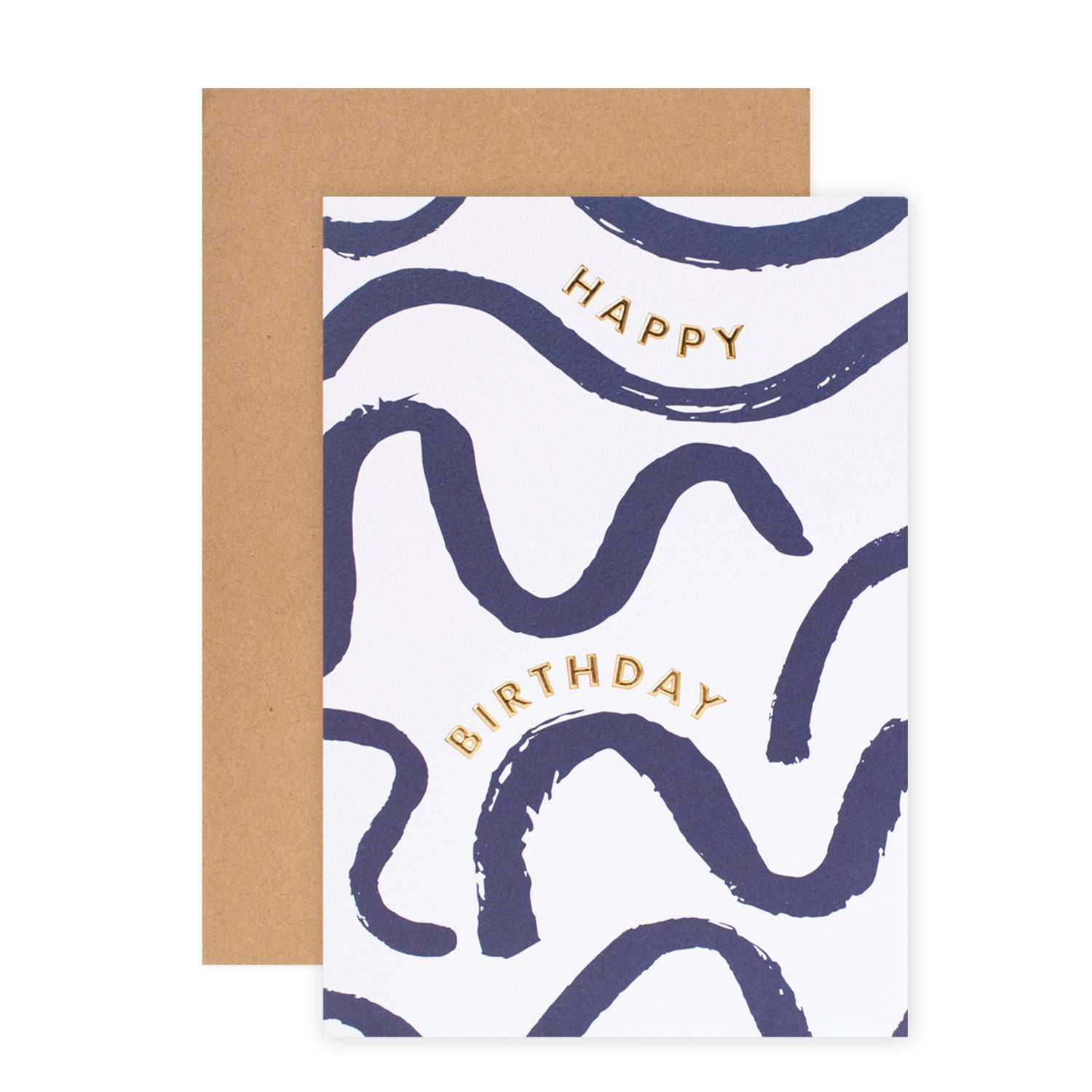 Halcyon by Hallmark Birthday Card – Navy Squiggles, premium textured card with gold lettering and wavy blue patterns, flat lay with kraft envelope.