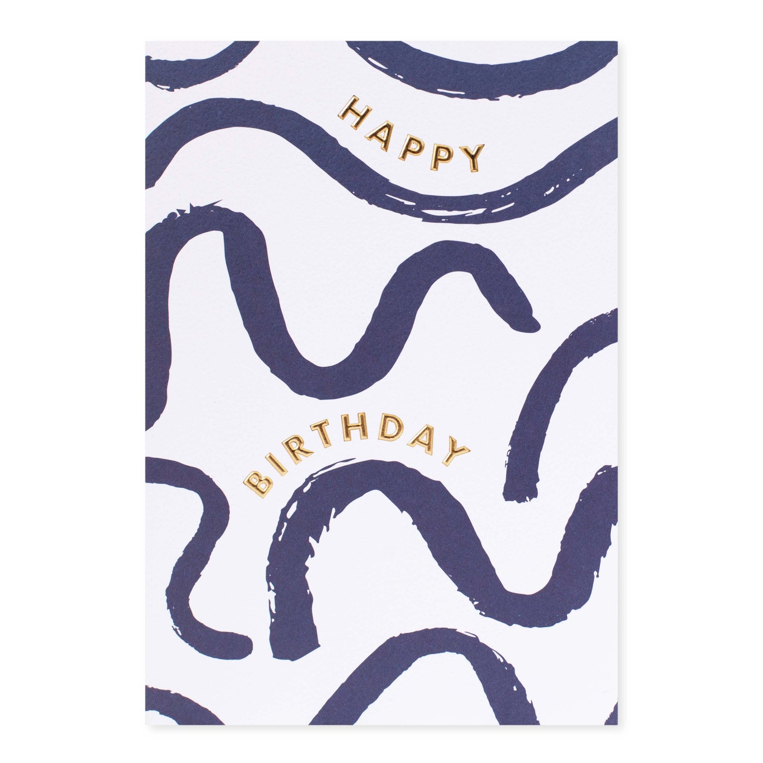 Halcyon by Hallmark Birthday Card – Navy Squiggles featuring gold lettering on a white background with navy brushstroke patterns.