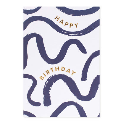 Halcyon by Hallmark Birthday Card – Navy Squiggles featuring gold lettering on a white background with navy brushstroke patterns.