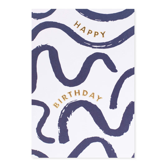 Halcyon by Hallmark Birthday Card – Navy Squiggles featuring gold lettering on a white background with navy brushstroke patterns.