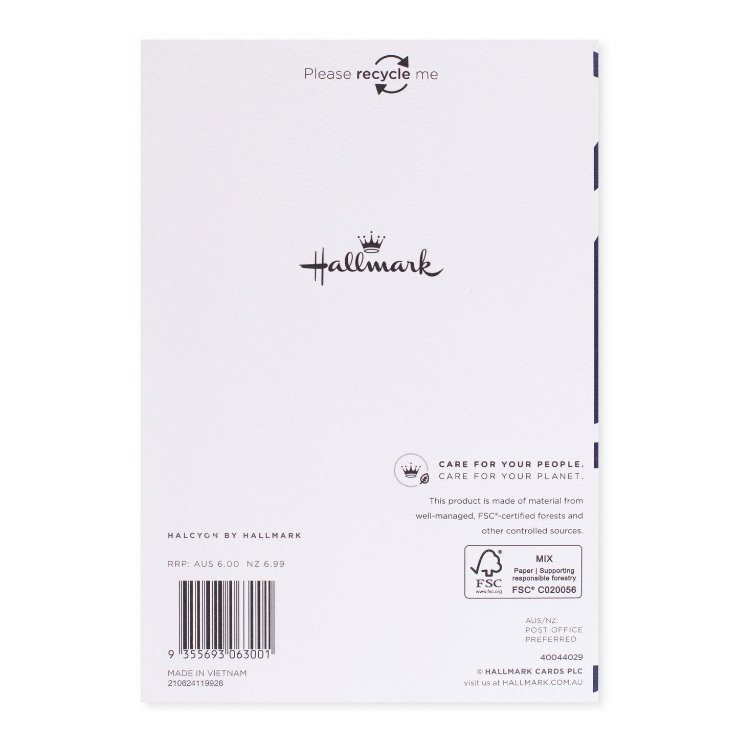 Halcyon by Hallmark birthday card – navy squiggles back view highlighting recycle message and brand logo on textured stock.