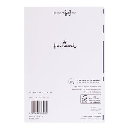 Halcyon by Hallmark birthday card – navy squiggles back view highlighting recycle message and brand logo on textured stock.