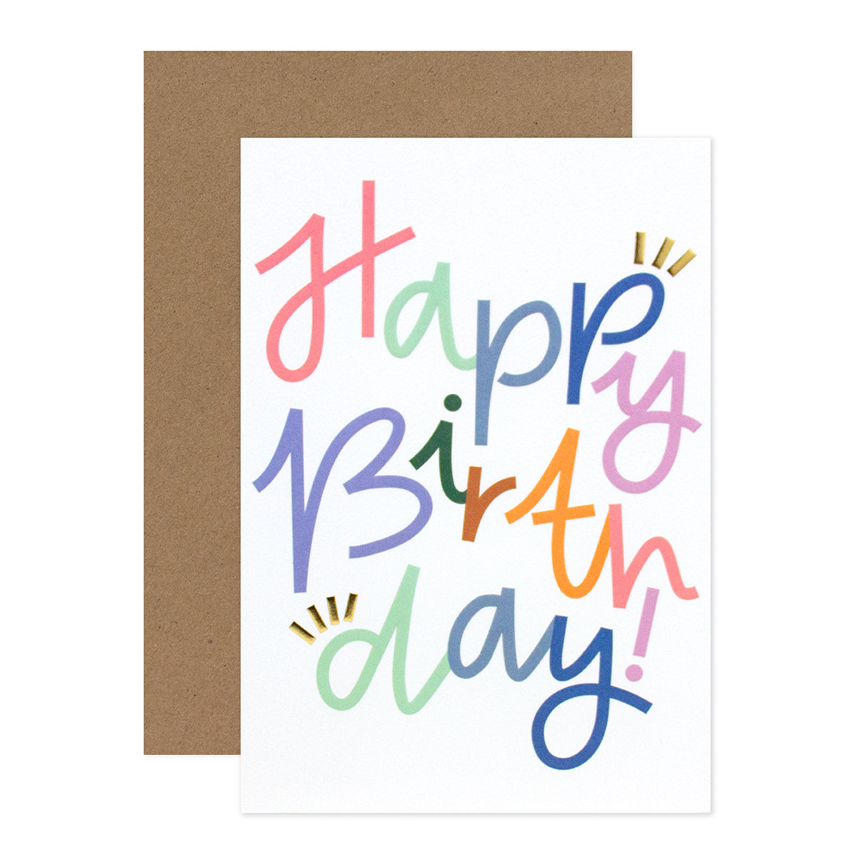 Halcyon by Hallmark birthday card – colorful typography with vibrant lettering, paired with a natural kraft envelope.