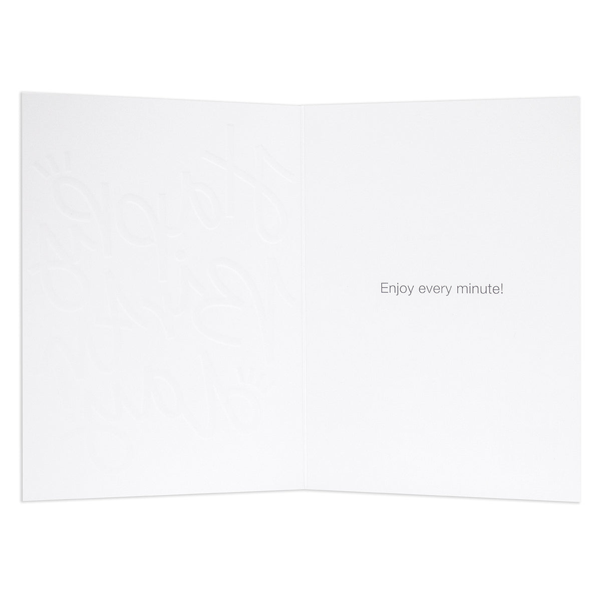Halcyon by Hallmark Birthday Card – Colorful Typography, open view showing embossed design and inside message: Enjoy every minute!