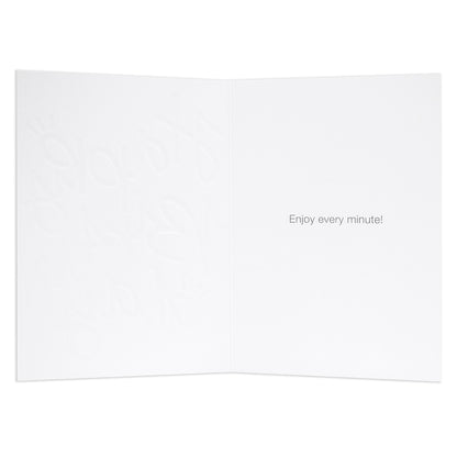 Halcyon by Hallmark Birthday Card – Colorful Typography, open view showing embossed design and inside message: Enjoy every minute!