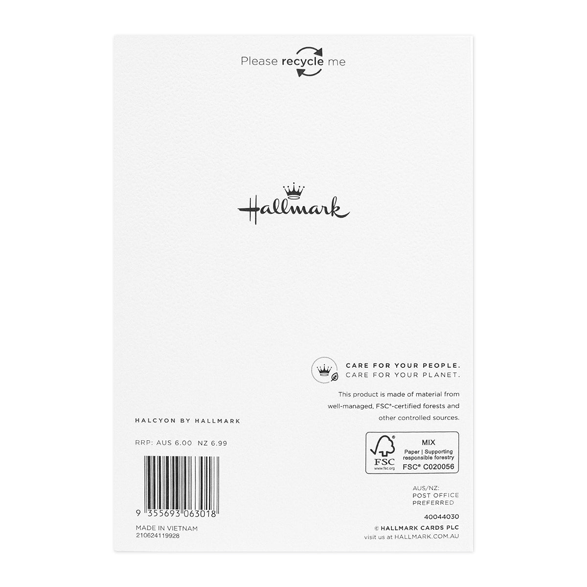 Halcyon by Hallmark Birthday Card – Colorful Typography, reverse side with recycling instructions and brand details, textured white stock.