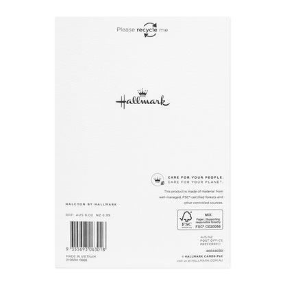 Halcyon by Hallmark Birthday Card – Colorful Typography, reverse side with recycling instructions and brand details, textured white stock.