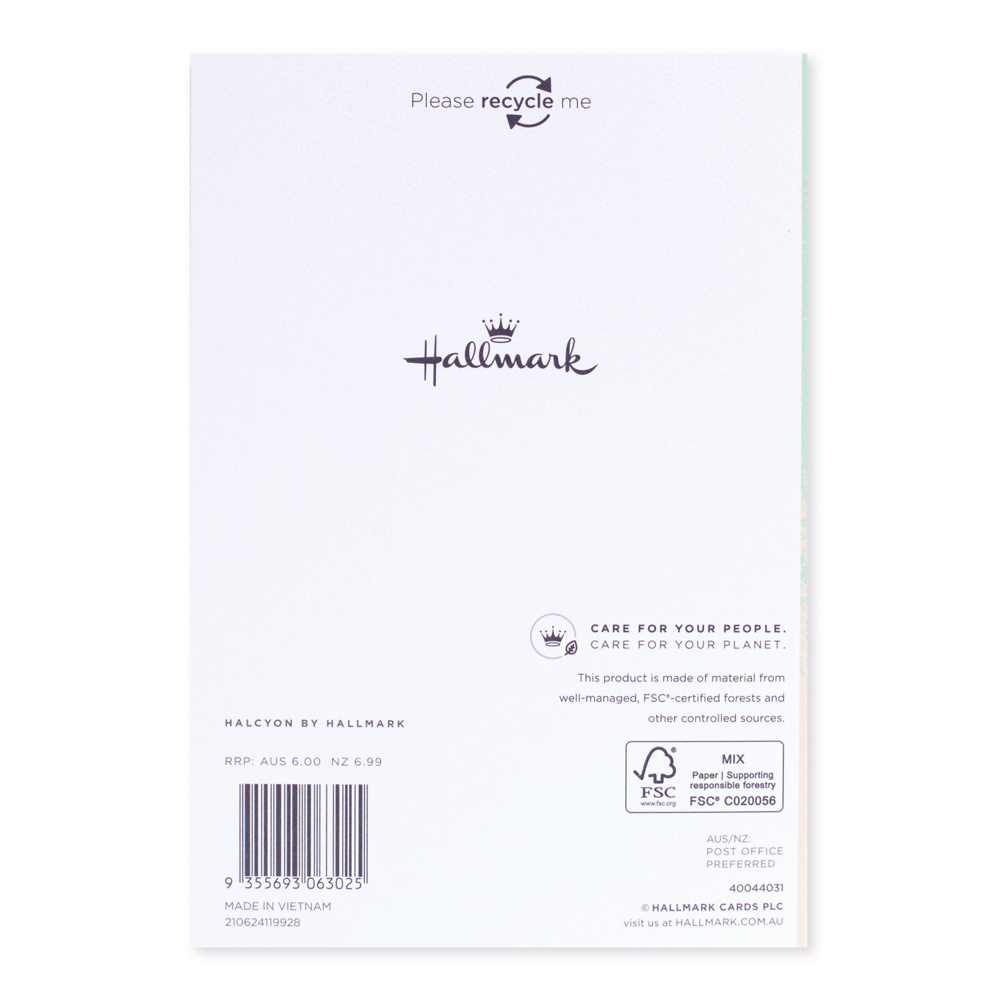 Halcyon by Hallmark Birthday Card – Mint Gradient, textured back view with recycling information and logo
