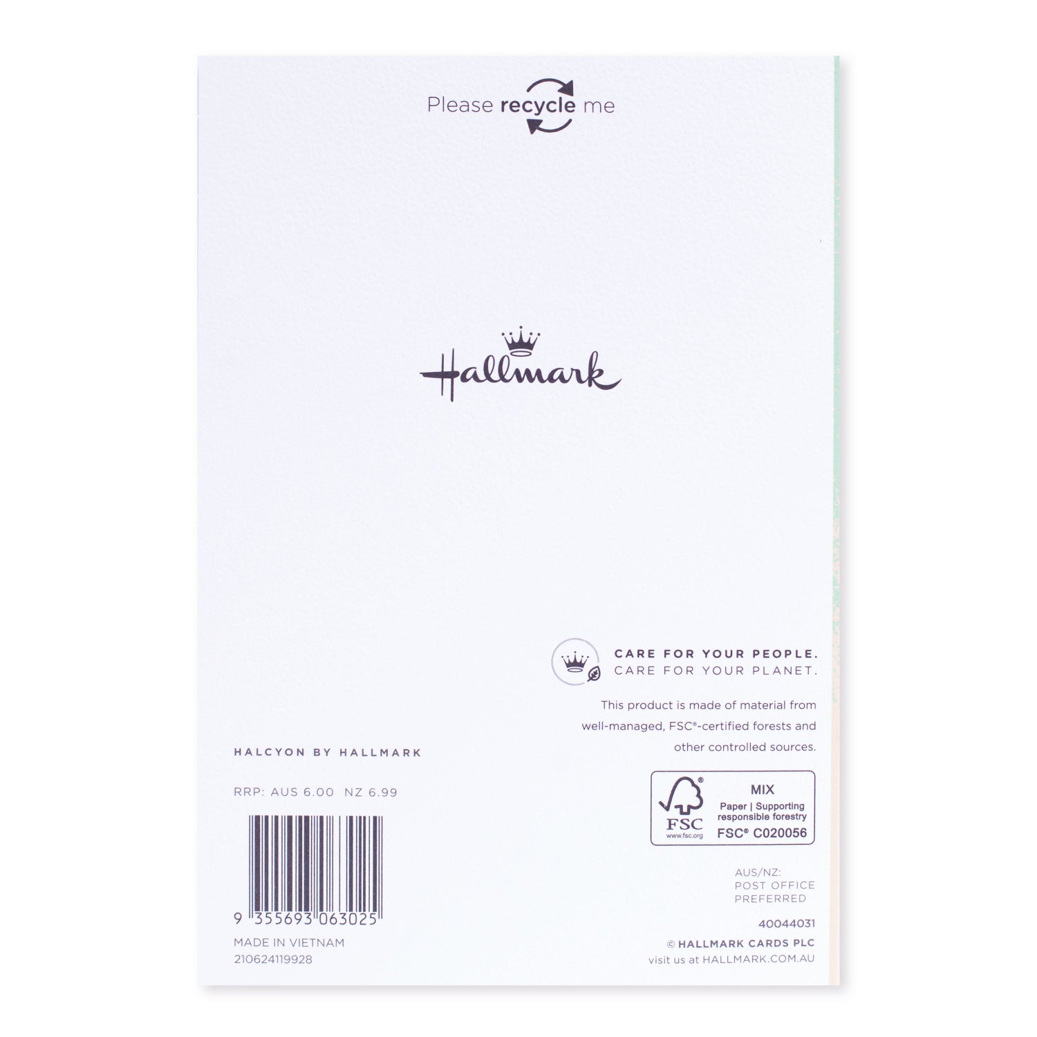 Halcyon by Hallmark Birthday Card – Mint Gradient, textured back view with recycling information and logo
