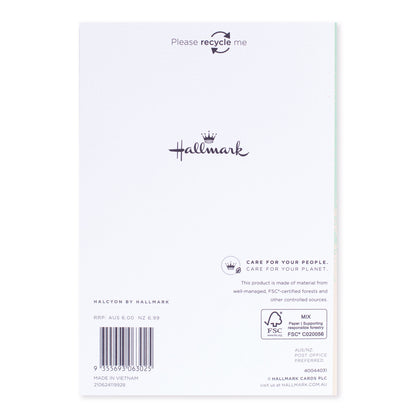 Halcyon by Hallmark Birthday Card – Mint Gradient, textured back view with recycling information and logo