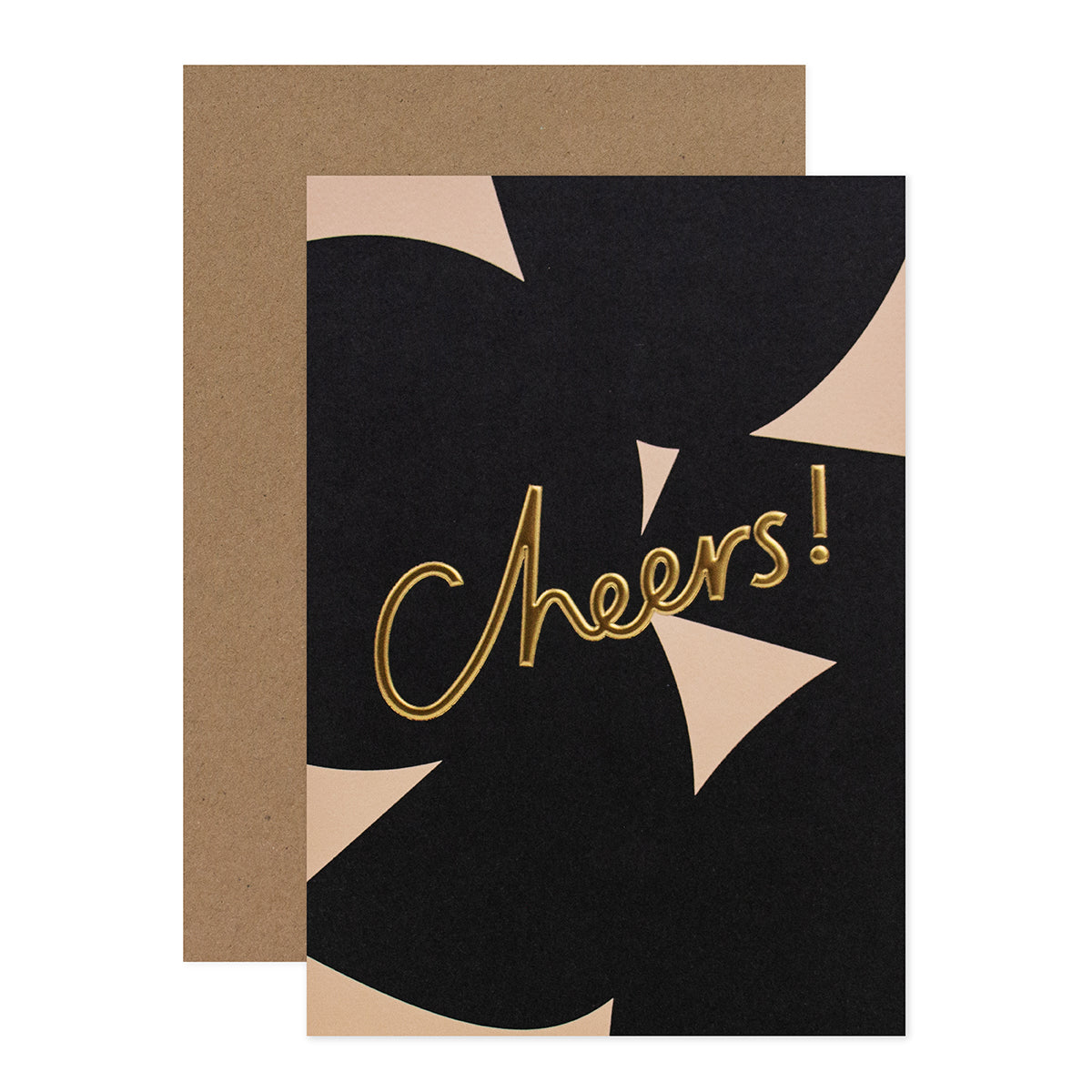 Halcyon by Hallmark All Occasion Card – Gold Typography Cheers! with a black and beige design and kraft envelope in flat lay
