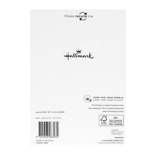 Halcyon by Hallmark All Occasion Card – Gold Typography Cheers! back design featuring logo and recycling information in black on white background.