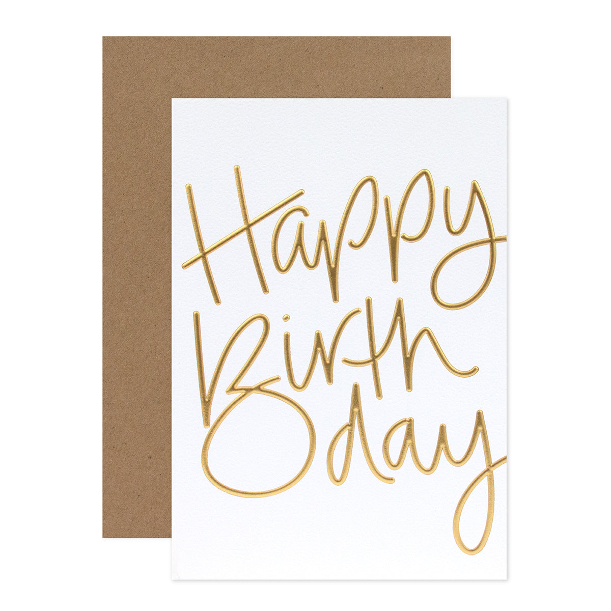 Halcyon by Hallmark Birthday Card – Handwritten Style with gold foil text and kraft envelope, showing elegant message in close-up.
