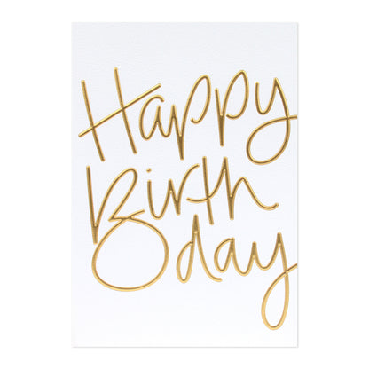 Halcyon by Hallmark Birthday Card – Handwritten Style with gold foil text on textured white stock, featuring the phrase 'Happy Birthday'.