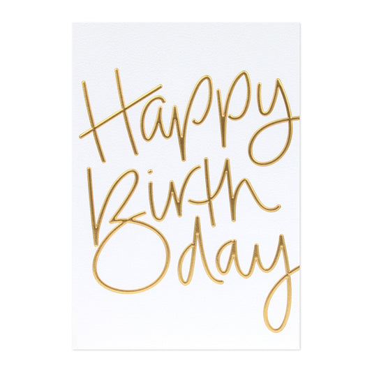 Halcyon by Hallmark Birthday Card – Handwritten Style with gold foil text on textured white stock, featuring the phrase 'Happy Birthday'.