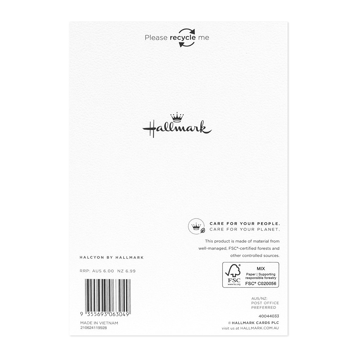 Halcyon by Hallmark Birthday Card – Handwritten Style back view with recycle message, embossed logo, and product details.