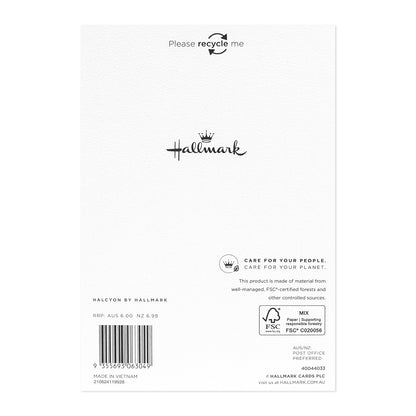 Halcyon by Hallmark Birthday Card – Handwritten Style back view with recycle message, embossed logo, and product details.