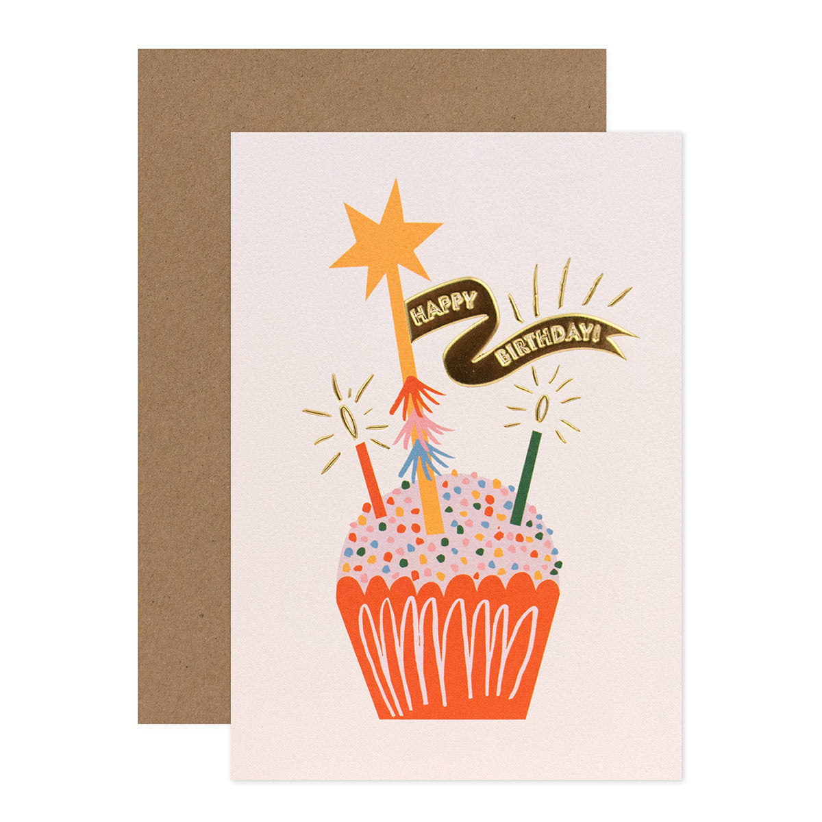 Halcyon by Hallmark Birthday Card – Cupcake featuring a vibrant cupcake illustration with sprinkles and candles, paired with kraft envelope.