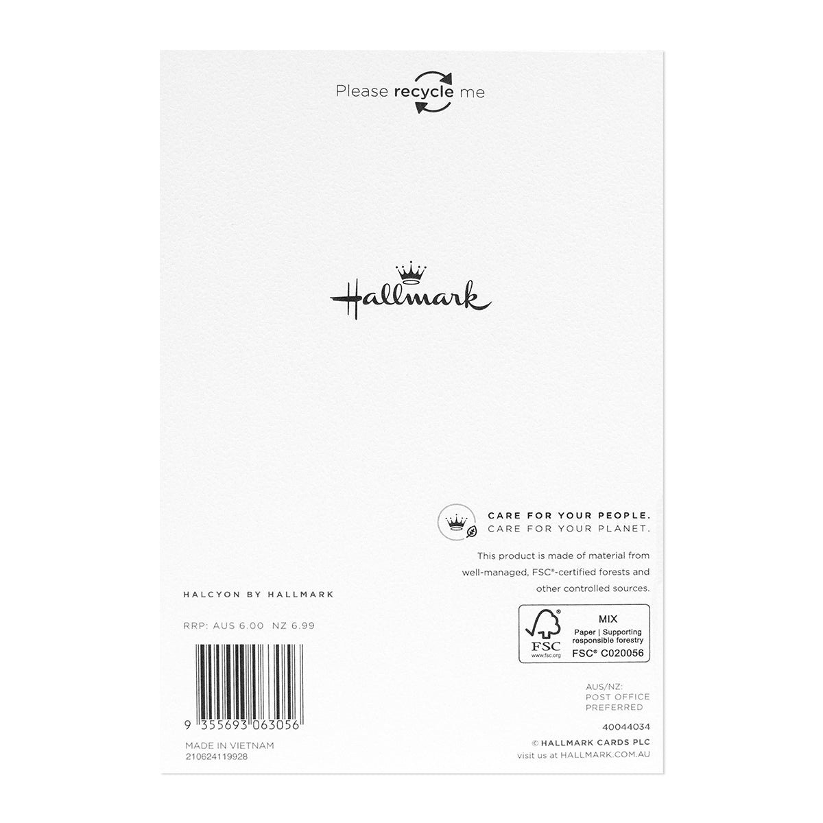 Halcyon by Hallmark Birthday Card – Cupcake, back of card showing recycling message and brand logo on textured white stock.
