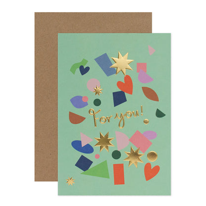 Halcyon by Hallmark All Occasion Card – For you! in light green with gold foil and colourful shapes, alongside a kraft envelope