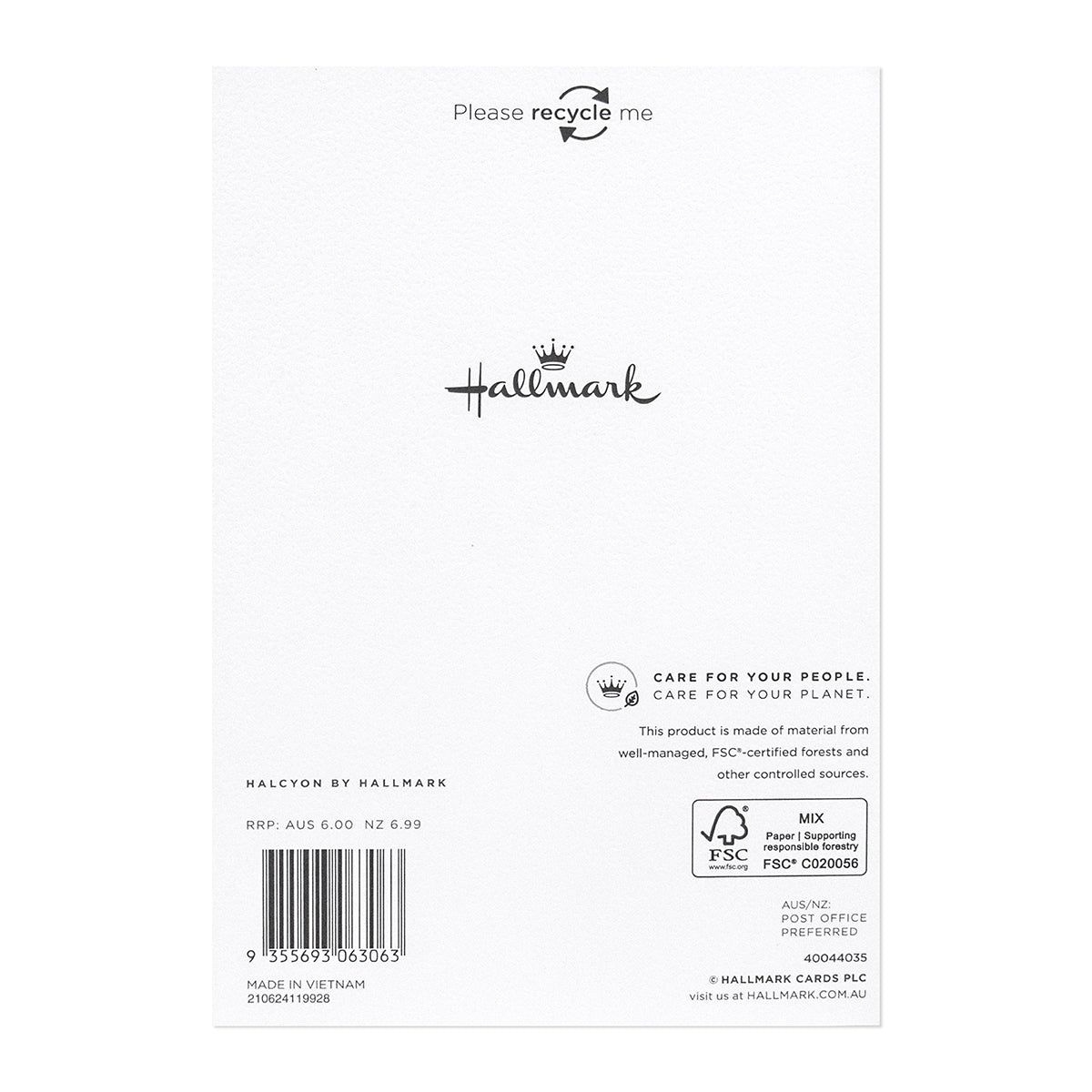 Halcyon by Hallmark All Occasion Card – For you! card back view featuring recycling info, brand logo, and care instructions.