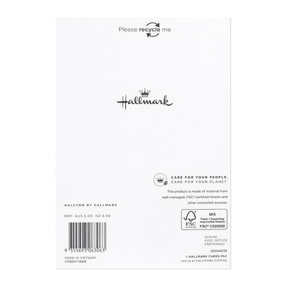 Halcyon by Hallmark All Occasion Card – For you! card back view featuring recycling info, brand logo, and care instructions.